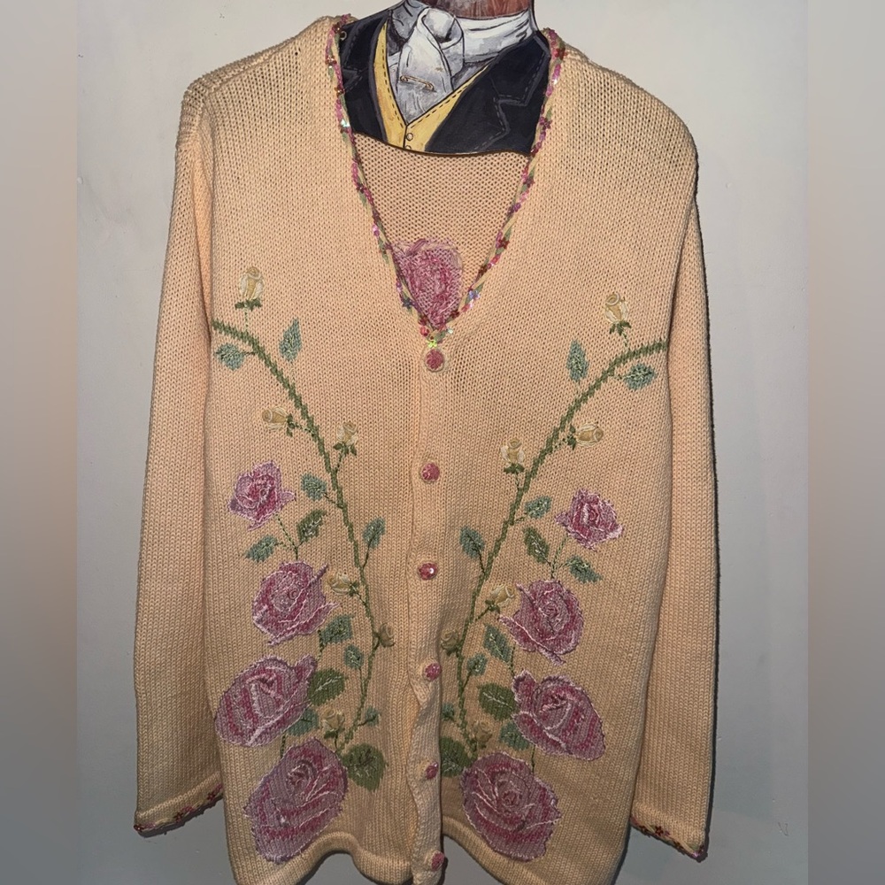 Handknits by Storybook Knits Climbing Roses print cardigan sweater ladies 1X